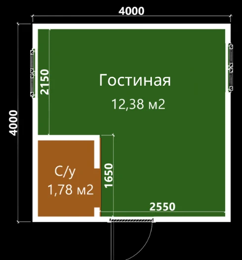 Планировка: Дом 4×4 одноэтажный, вариант 1