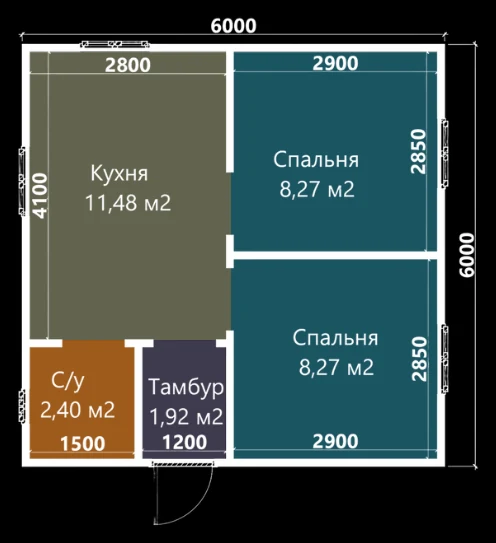 Готовая планировка дома 6×6: кухня, две спальни, санузел и тамбур