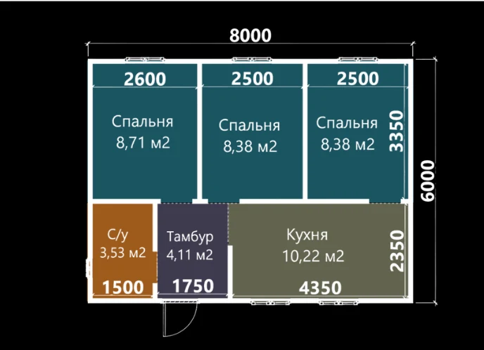 Планировка: Дом 6×8 одноэтажный, вариант 1